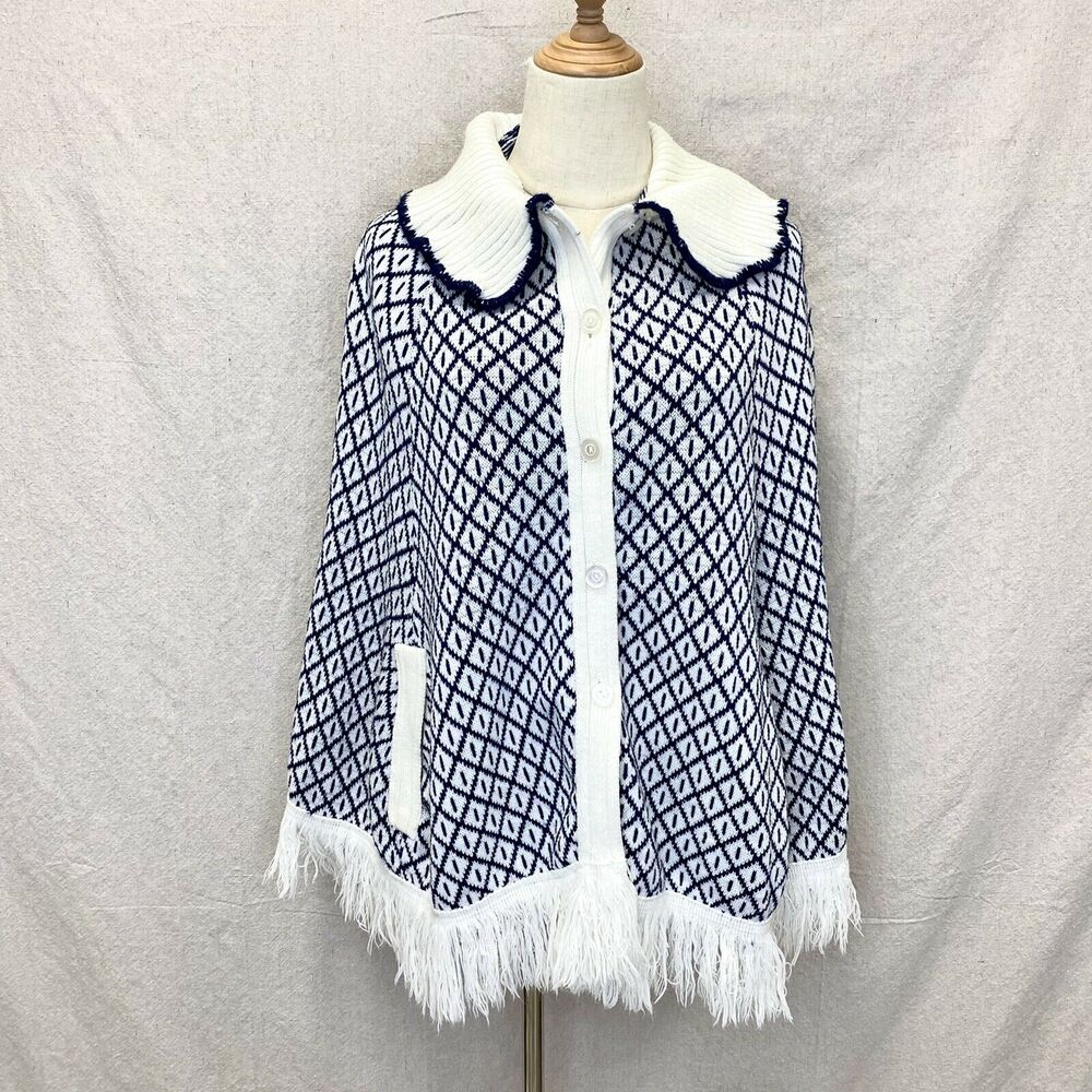 Vintage 1970's‎ White & Navy Button Up Poncho With Fringe & Collar One Size